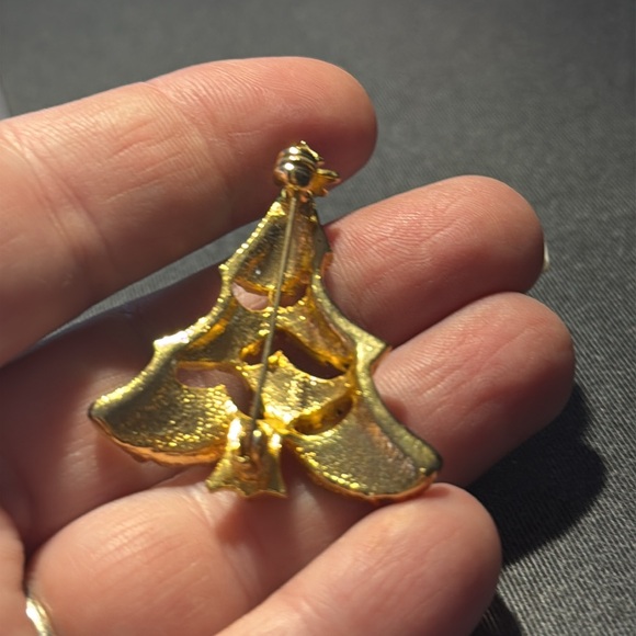 Vintage Clear Rhinestone & Green Enamel Christmas Tree Gold Tone Brooch Pin - Picture 5 of 5